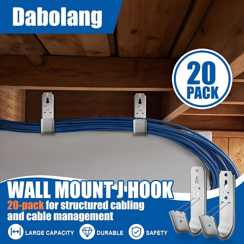 Dabolang 20 Pack J Cable Hook with Retainer Clip, 2-Inch Heavy Duty Wall Mount J-Hooks,J-Hook for Hanging Cable & Wire,Cable Hooks for Structured Cabling and Cable Management - Image 4
